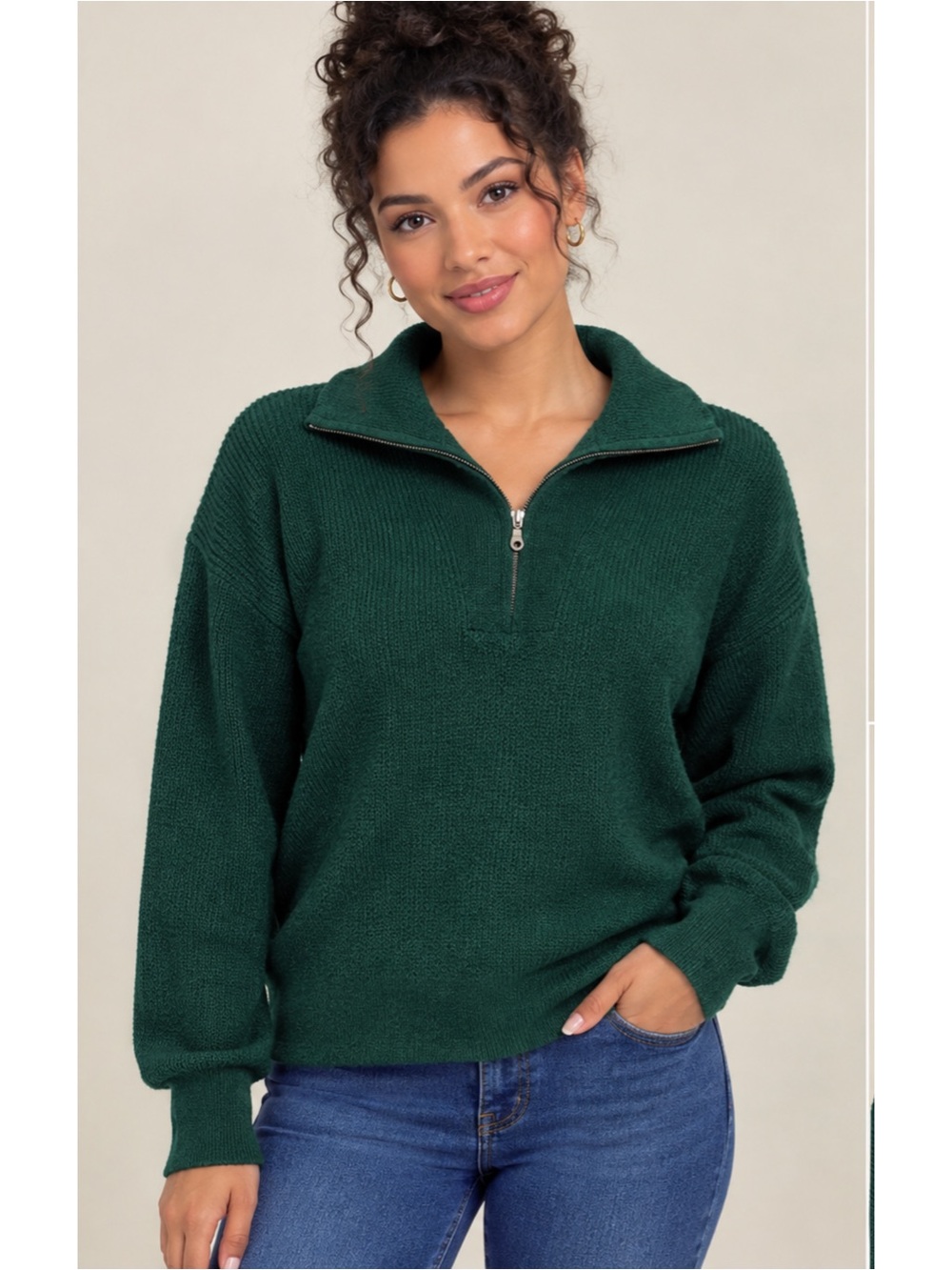 Crown & Ivy Forest Green Ribbed Quarter Zip Sweater Size L